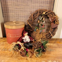 Christmas Collection With Primitive Wreath, Folk Art Santa And More