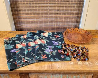 Black Floral Placemats, Wood Bowl And Napkin Rings