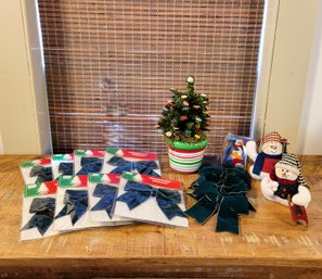 Green Velvet Bows, Ribbon, Ornaments And Tiny Tree