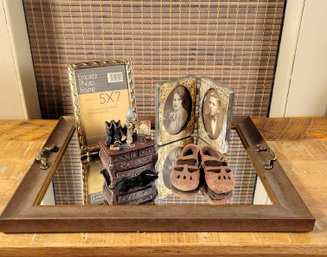Mirrored Tray, Photo Frames, Trinket Box And Figurine