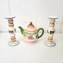 Hand Painted Ceramic  Teapot And Candleholders, Fresh And Fruity Strata Group