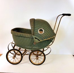Antique Green Wicker Doll Baby Carriage