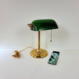 Banker's Lamp And Enamel Pencil Tray
