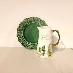 Pitcher With Herbs Design And Green Portuguese Serving Plate