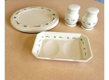 Longaberger Pottery Woven Traditions Green Salt And Pepper, Spoon Rest And Trivet