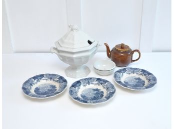 Ironstone Soup Tureen, Bowls And Stoneware Teapot
