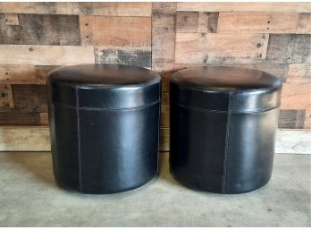 Black Bonded Leather Rolling Ottomans Pair
