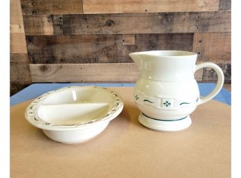 Longaberger Pottery Woven Traditions Green  Large Pitcher And Divided Dish