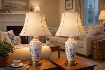 Pair Of Floral Porcelain Table Lamps With Beige Fabric Shades