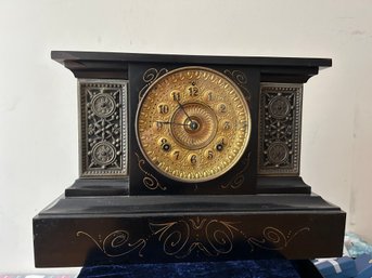 American Black Mantel Clock With Ornate Brass Dial