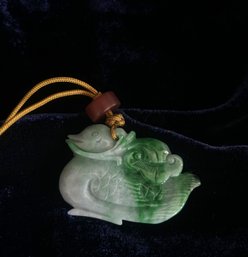 Carved Green Jade Bird Pendant With Cord