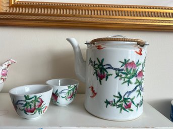 Chinese Porcelain Teapot With Two Cups  Peach & Bat Motif, Red Seal Mark