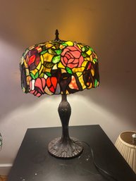 Tiffany-Style Stained Glass Table Lamp  Rose Floral Shade  Art Nouveau Cast Metal Base  Working