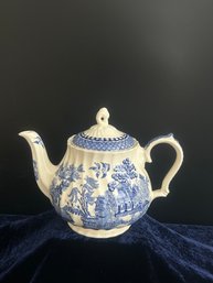 Sadler England White And Blue Teapot With Golden Handled Lid