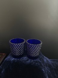 Pair Of Cobalt Blue Hobnail Glass Holders