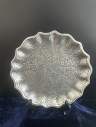 Vintage Pewter Tray With Peacock & Flowers