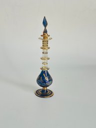 Vintage Decorative Glass Perfume Bottle With Gold & Blue Enamel  Tall Stopper Bottle