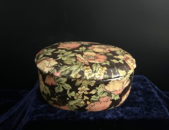 Floral Fabric Covered Round Vanity / Jewelry Box With Padded Interior
