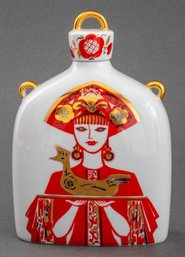Lomonosov Bottle White Orange Matrushka Girl Rooster Flask Vintage,