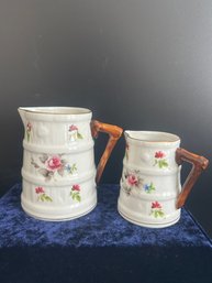 Vintage Hand Painted Floral Creamer. Barrel Shape With A Twig Handle
