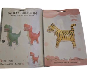 2-Wheel Balloon' Walking Traction Animal Foil Balloon, Specifically Featuring Cartoon Dinosaurs And A Tiger.