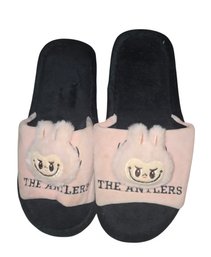 New-pink And Black Plush Slippers Feature A Character Design Similar To Labubu.