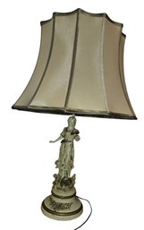 Vintage French Spelter Table Lamp Featuring A Figural Lady Statue.