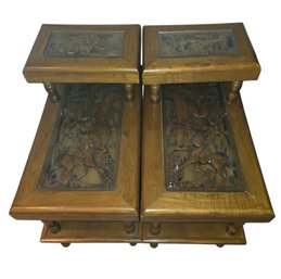 Pair Of Vintage Asian-style Carved Wood And Glass-top Side Or End Tables Featuring Intricate Battle Scene Reli