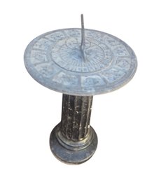 Cast Metal Garden Sundial Featuring A Round Dial Face With Roman Numerals, Astrological Or Decorative Border M