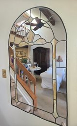 Vintage Arched Wall Mirror With A Stained Glass Border.