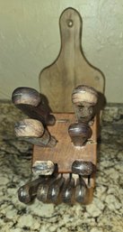 Knife Set With Wood Handles And A Wood Block, Plus Cutting Board