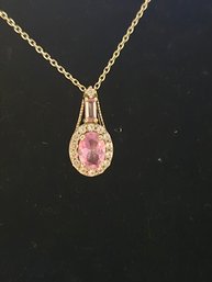 Oval Pink Sapphire Halo Pendant, Marked 925