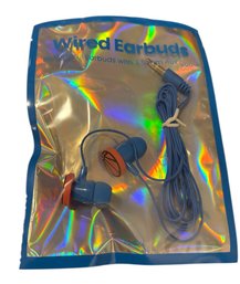 Blue Wired Earbuds. Features A Basketball Graphic On The Back.