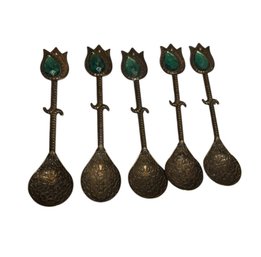 Handmade Copper Turkish Ottoman Spoons With Brass Plating And Green Gemstones.