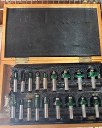 Set Of Woodworking Router Bits In A Wooden Case