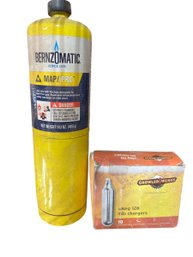 Bernzomatic MAP-Pro Gas Cylinder And A Box Of GrowlerWerks UKeg 128 CO2 Chargers