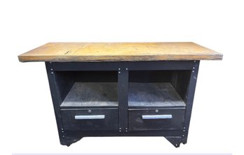 Workbench With A Wooden Top And Metal Base