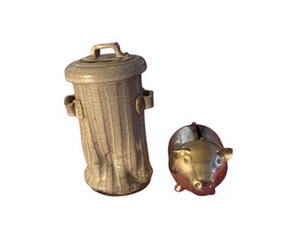 Stoneware Trash Can Bank And A Metal Piggy Bank.