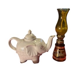 Vintage Oil Lamp & Glass Elephant