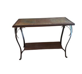 Rustic-style Console Or Sofa Table With A Metal Frame And A Stone Tile Top.