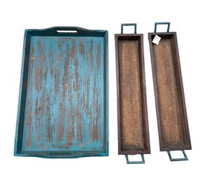 A Set Of Rustic, Decorative Wood Serving Trays Featuring