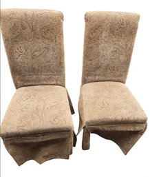 2-custom Parson Skirted Chairs With A Gold And Brown Paisley Pattern.