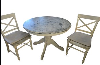 Pier 1 Imports White Distressed Round Pedestal Dining Table With 2 Matching Chairs.