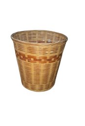 Vintage Woven Wicker  Wastebasket With A Two-tone Design.
