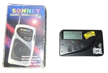 Sonnet R-195 FM/AM 2-Band Receiver Pocket Radio And A Qwik Tune QT-2 Auto Guitar & Bass Tuner.