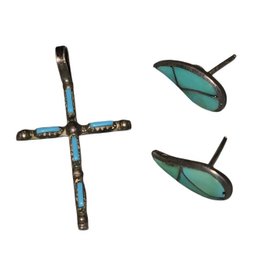 Native American Zuni Cross Turquoise Jewelry Featuring A Cross Pendant And Matching Stud Earring
