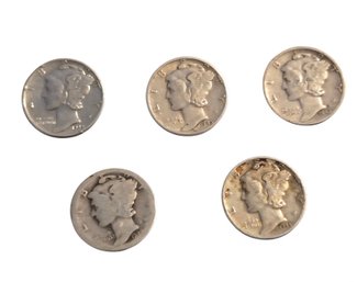 90% Silver 5- Mercury Dimes, Also Known As The Winged Liberty Head Dime,