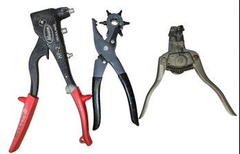 Rivet Gun And A Pair Of Revolving Leather Hole Punch Pliers.