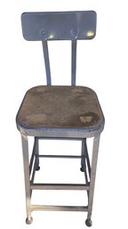 Vintage Lyon Pressed And Folded Steel Industrial Stool With A Backrest And Original Perforated Masonite Seat C