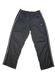 Men's Large Black Nike Track Pants With Gray Side Stripes And A White Swoosh Logo.